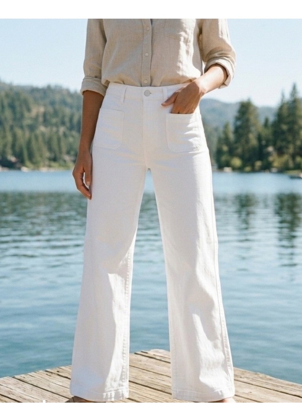 PAIGE White High-Rise Denim Jeans Leenah Patch Pocket